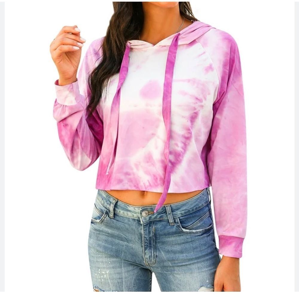 Tie Dye Crop Hoodie Pink and White Small